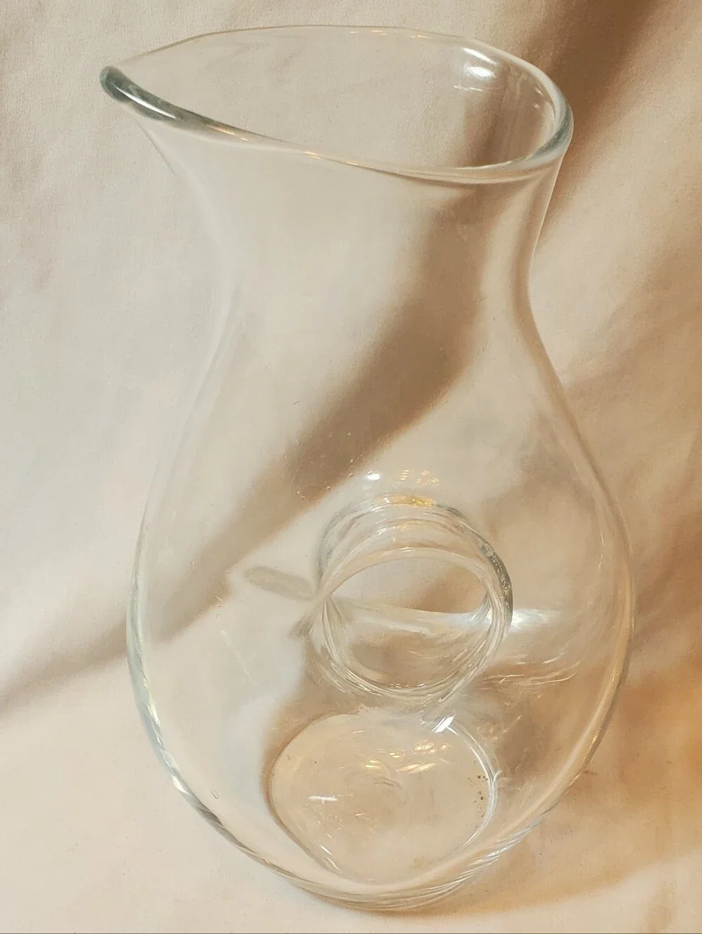 Wine Decanter Clear Glass Pitcher With Donut Hole Cutout Vintage Vase MCM Retro